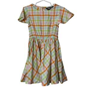Lands End Orange & Blue Check Print Cap Sleeve Cinch Waist Dress Girl's Sz 4